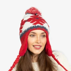 Best Czerwona damska ocieplana czapka w śnieżynki z pomponami - Akcesoria Damskie Czapki I Kapelusze