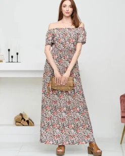 Clearance Damska czarna wzorzysta sukienka maxi- Odzież Sukienki Długie