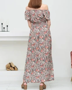 Clearance Damska czarna wzorzysta sukienka maxi- Odzież Sukienki Długie