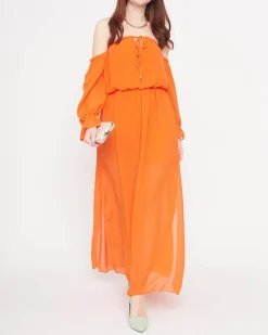 Clearance Damska pomarańczowa sukienka maxi hiszpanka - Odzież Sukienki Letnie|Sukienki Długie