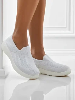 Clearance Damskie białe slip-ony Callista z oddychającej tkaniny na płaskim obcasie Damskie Bieganie, Ćwiczenia I Trening