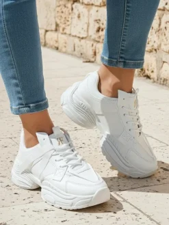 Sale Damskie białe sneakersy Arete z eko skóry, płaski obcas, wiosenna kolekcja Damskie Ugc|Sneakersy