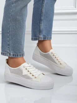 Clearance Damskie białe sneakersy Ariadne Mesh – przewiewne trampki na płaskiej podeszwie Trampki