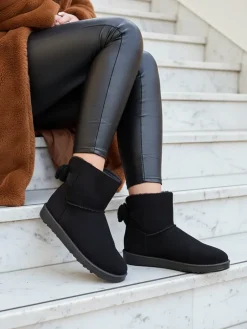 Best Damskie Botki Aurelia w Czarnym Kolorze na Płaskim Obcasie Śniegowce