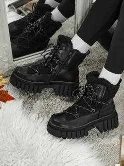 Clearance Damskie botki workery z kożuszkiem Cindora Workery|Botki Z Delikatnym Ociepleniem