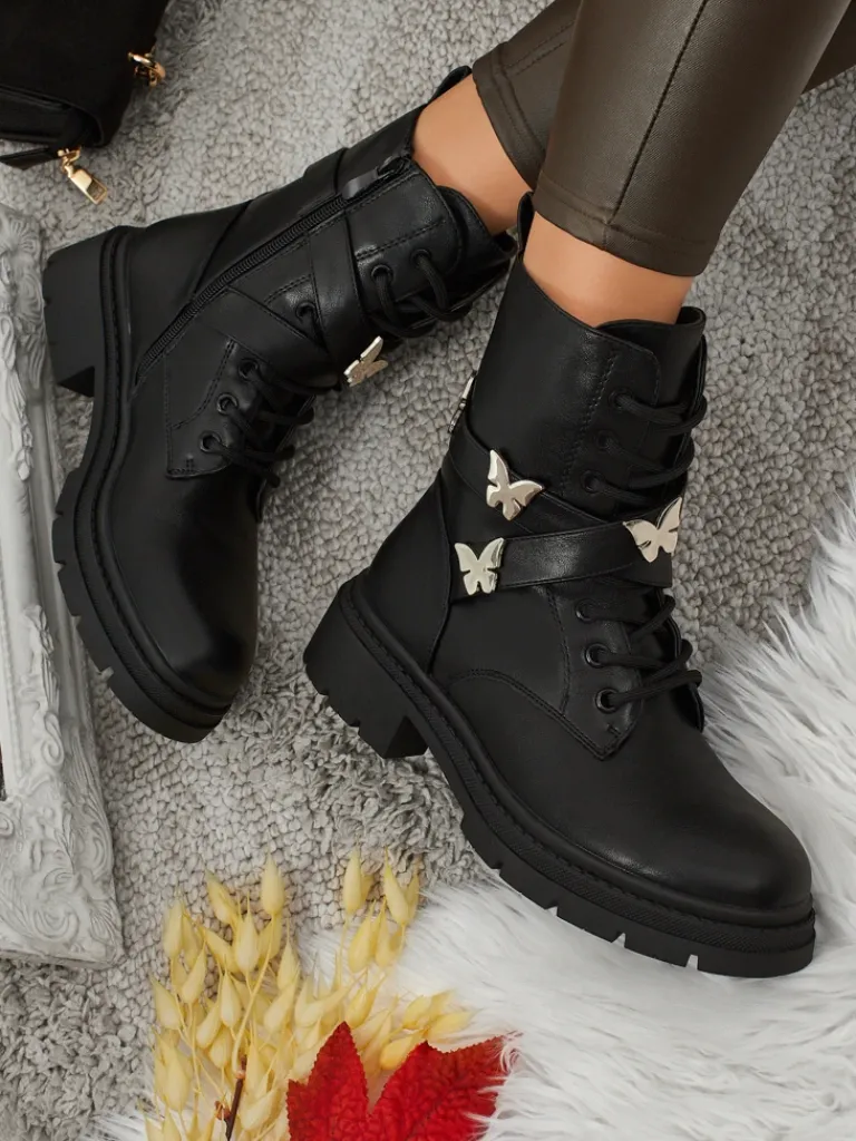 Sale Damskie botki workery z ozodbami Motill Botki Z Delikatnym Ociepleniem|Botki Sznurowane