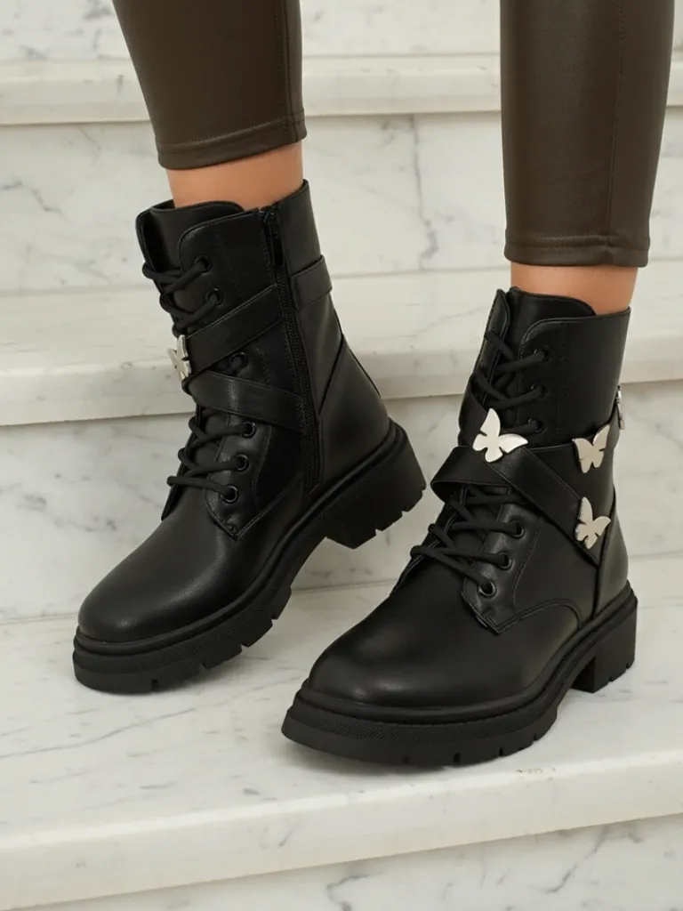 Sale Damskie botki workery z ozodbami Motill Botki Z Delikatnym Ociepleniem|Botki Sznurowane