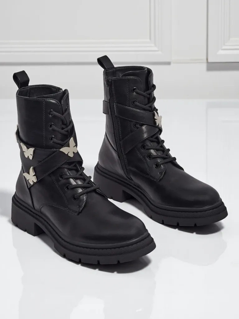 Sale Damskie botki workery z ozodbami Motill Botki Z Delikatnym Ociepleniem|Botki Sznurowane