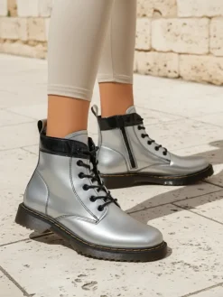 Hot Damskie botki z ekologicznej skóry lakierowanej Echo Dust Botki Bez Ocieplenia|Botki Sznurowane