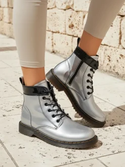 Hot Damskie botki z ekologicznej skóry lakierowanej Echo Dust Botki Bez Ocieplenia|Botki Sznurowane