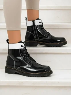 Hot Damskie botki z ekologicznej skóry lakierowanej Echo Dust Botki Bez Ocieplenia|Botki Sznurowane