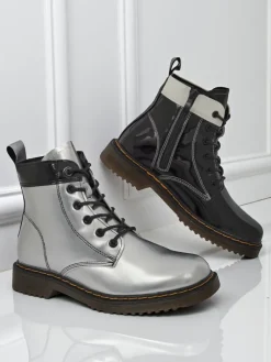 Hot Damskie botki z ekologicznej skóry lakierowanej Echo Dust Botki Bez Ocieplenia|Botki Sznurowane