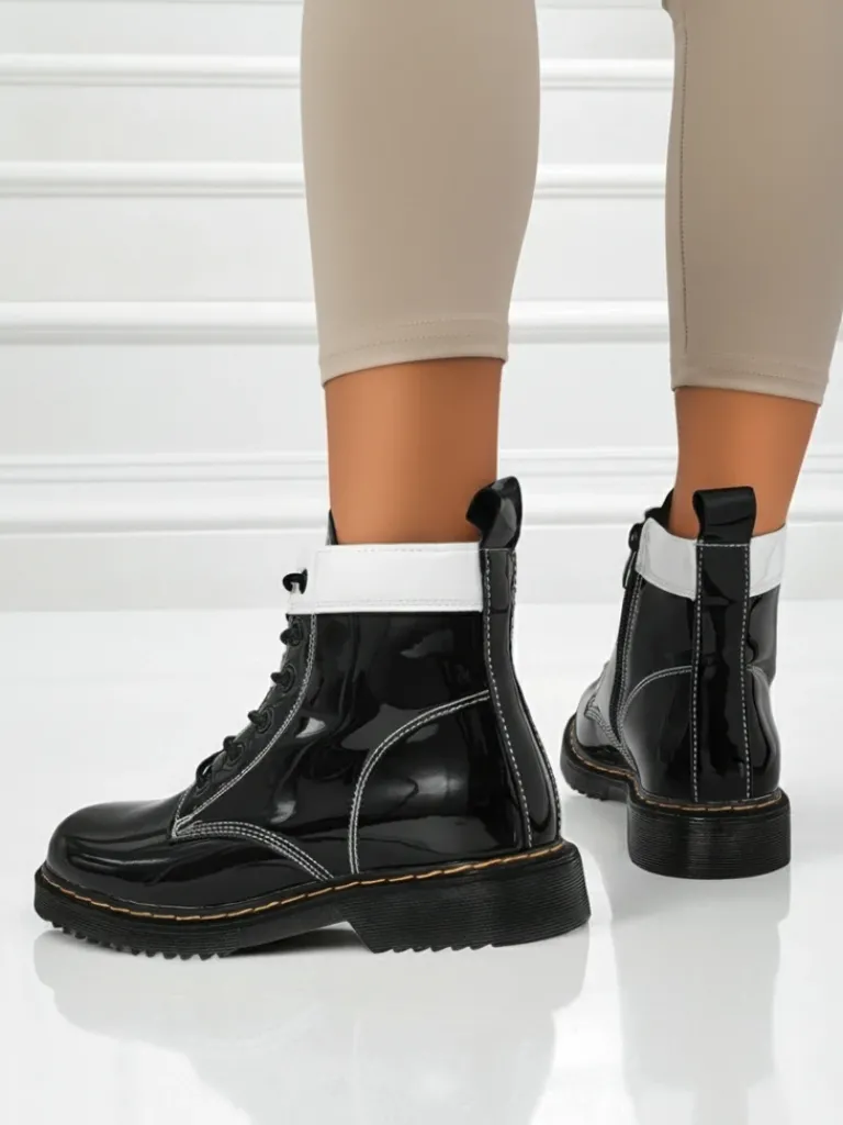 Hot Damskie botki z ekologicznej skóry lakierowanej Echo Dust Botki Bez Ocieplenia|Botki Sznurowane