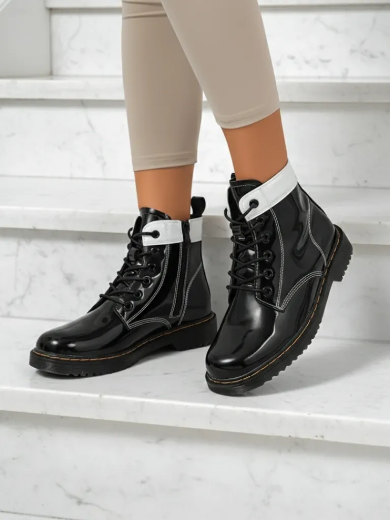 Hot Damskie botki z ekologicznej skóry lakierowanej Echo Dust Botki Bez Ocieplenia|Botki Sznurowane