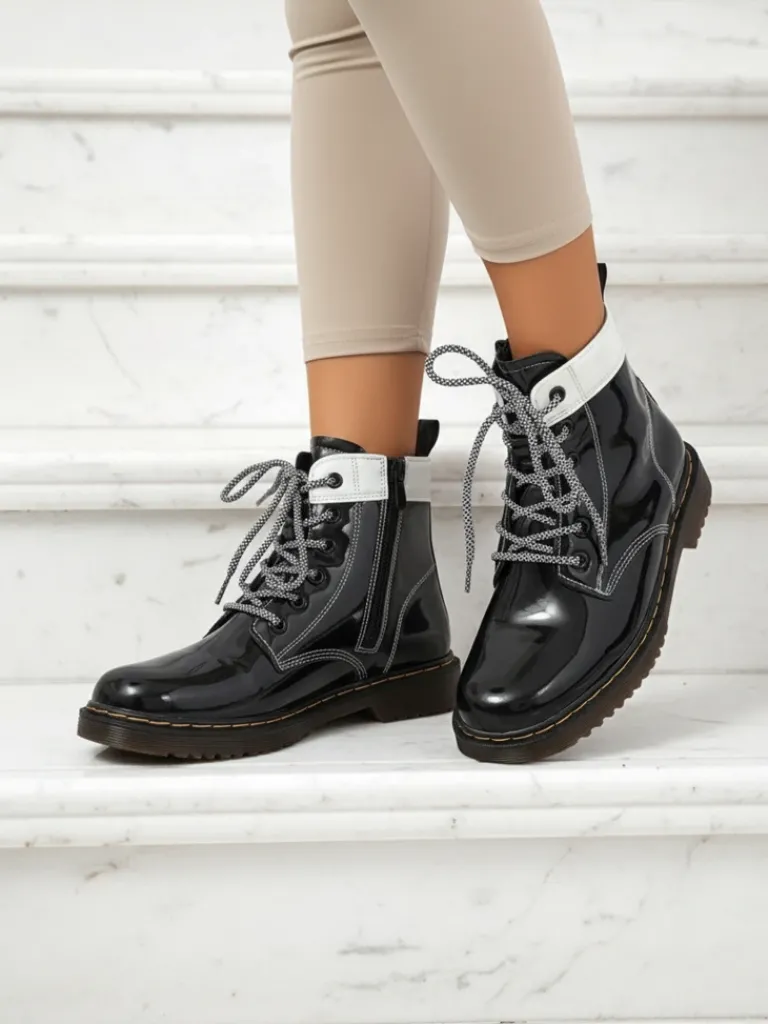 Hot Damskie botki z ekologicznej skóry lakierowanej Echo Dust Botki Bez Ocieplenia|Botki Sznurowane