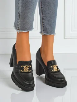 Hot Damskie czółenka Nero Aurora na słupku ze złotą klamrą, skóra eko Półbuty|Mokasyny Na Obcasie