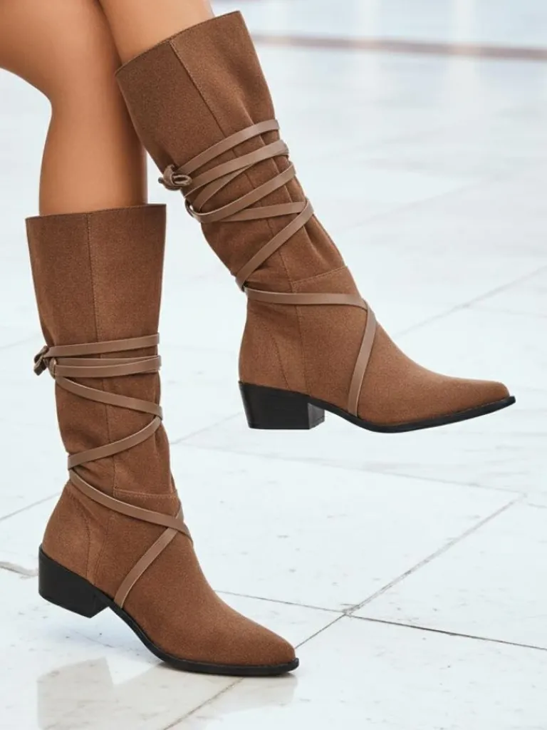 Discount Damskie kozaki Ambrosia brązowe z eko-zamszu na płaskim obcasie 4,5 cm Kozaki Bez Ocieplenia