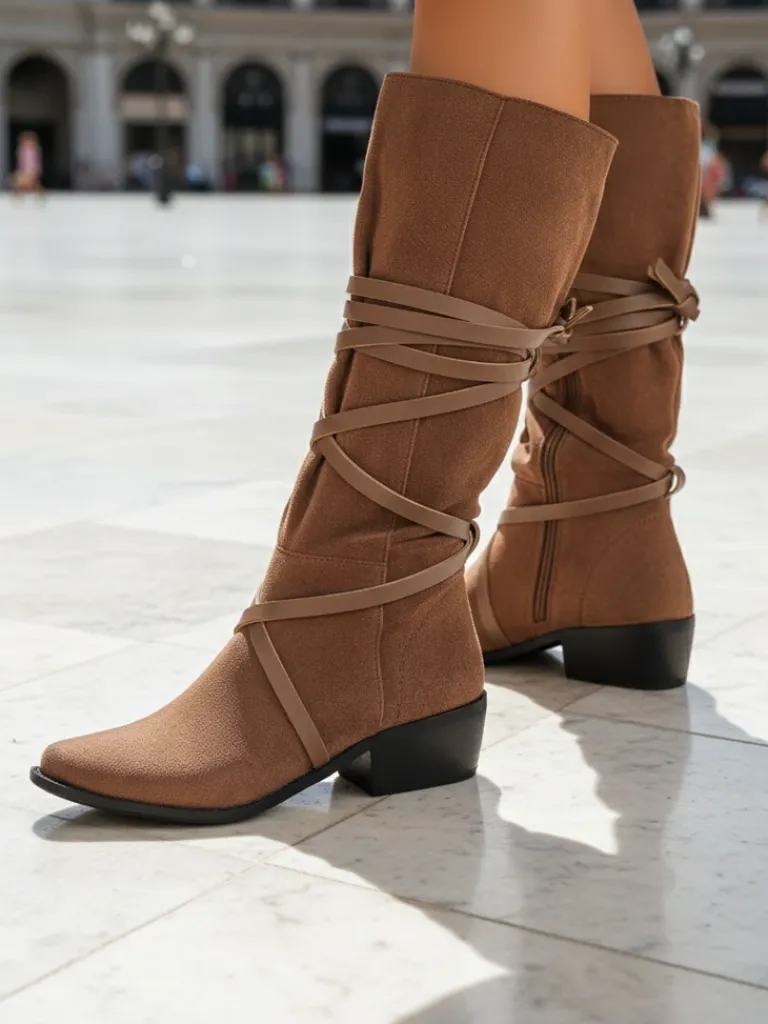 Discount Damskie kozaki Ambrosia brązowe z eko-zamszu na płaskim obcasie 4,5 cm Kozaki Bez Ocieplenia