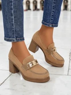 Hot Damskie Loafers Perseida – jasnobrązowe zamszowe na słupku eleganckie Mokasyny Na Obcasie