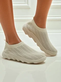 Outlet Damskie slip-ony Arete Beżowe, oddychające sneakersy z tkaniny Damskie Bieganie, Ćwiczenia I Trening