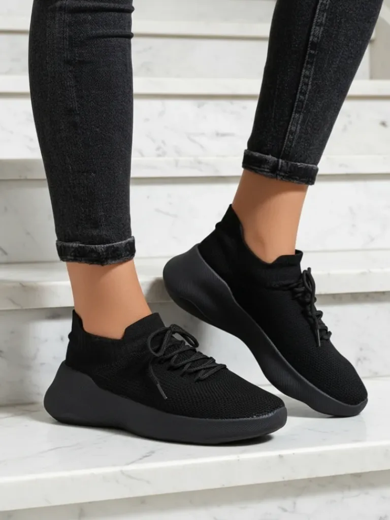 Damskie Sneakersy Aura Nero Czarne Tkaninowe na Plaskiej Podeszwie 4.5cm Damskie Bieganie, Ćwiczenia I Trening