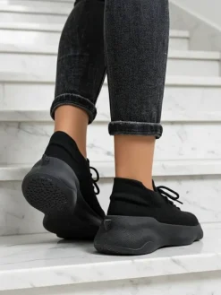 Damskie Sneakersy Aura Nero Czarne Tkaninowe na Plaskiej Podeszwie 4.5cm Damskie Bieganie, Ćwiczenia I Trening