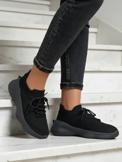 Damskie Sneakersy Aura Nero Czarne Tkaninowe na Plaskiej Podeszwie 4.5cm Damskie Bieganie, Ćwiczenia I Trening