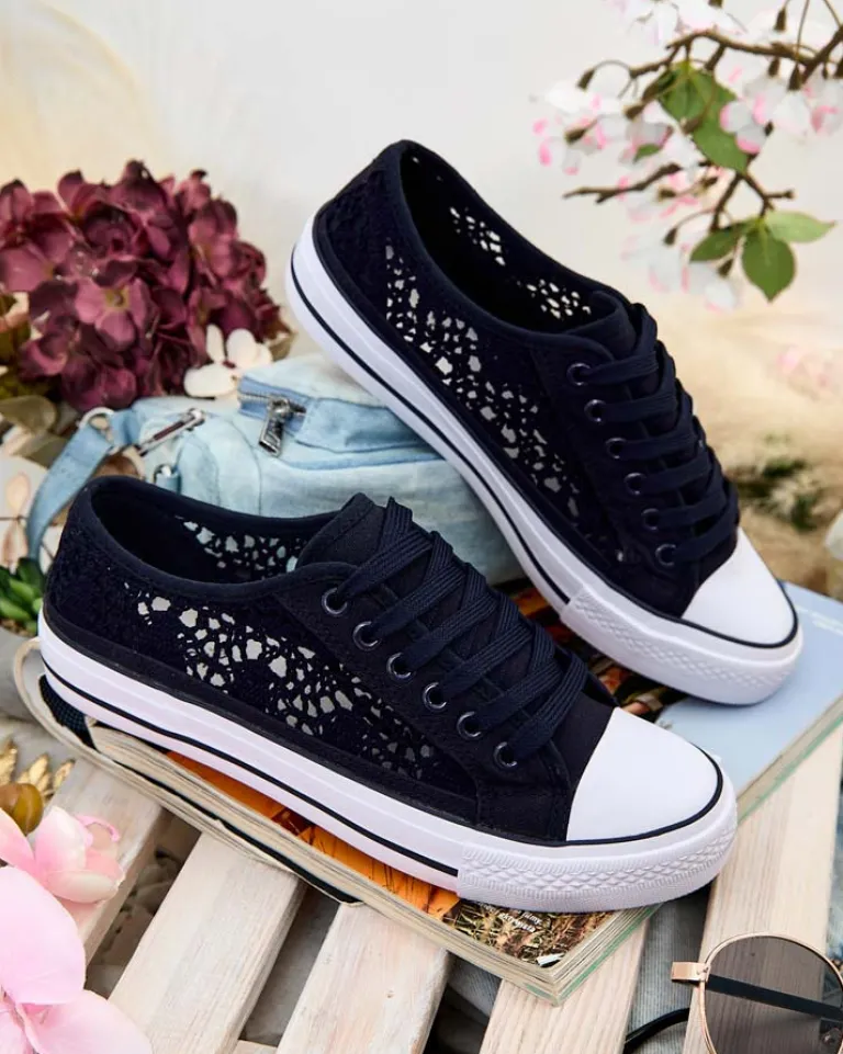 Outlet Damskie tenisówki Callista granatowe ażurowe na płaskiej podeszwie Trampki