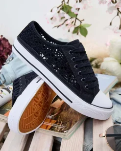 Outlet Damskie tenisówki Callista granatowe ażurowe na płaskiej podeszwie Trampki