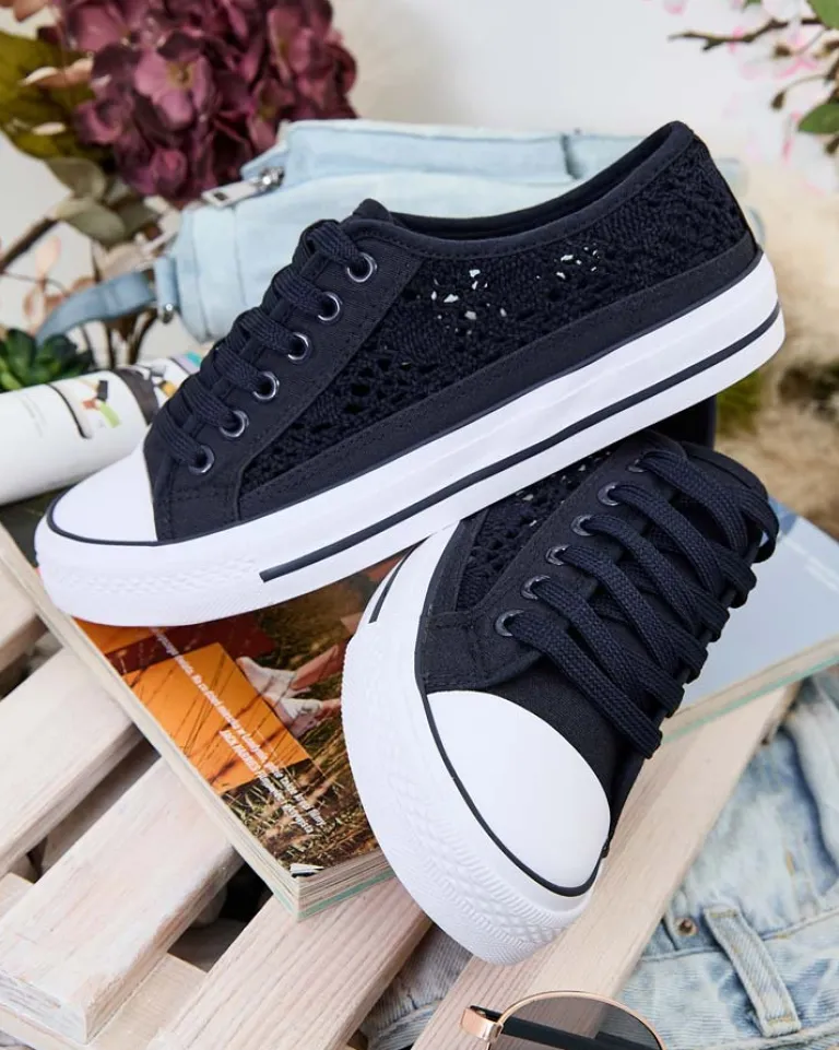 Outlet Damskie tenisówki Callista granatowe ażurowe na płaskiej podeszwie Trampki