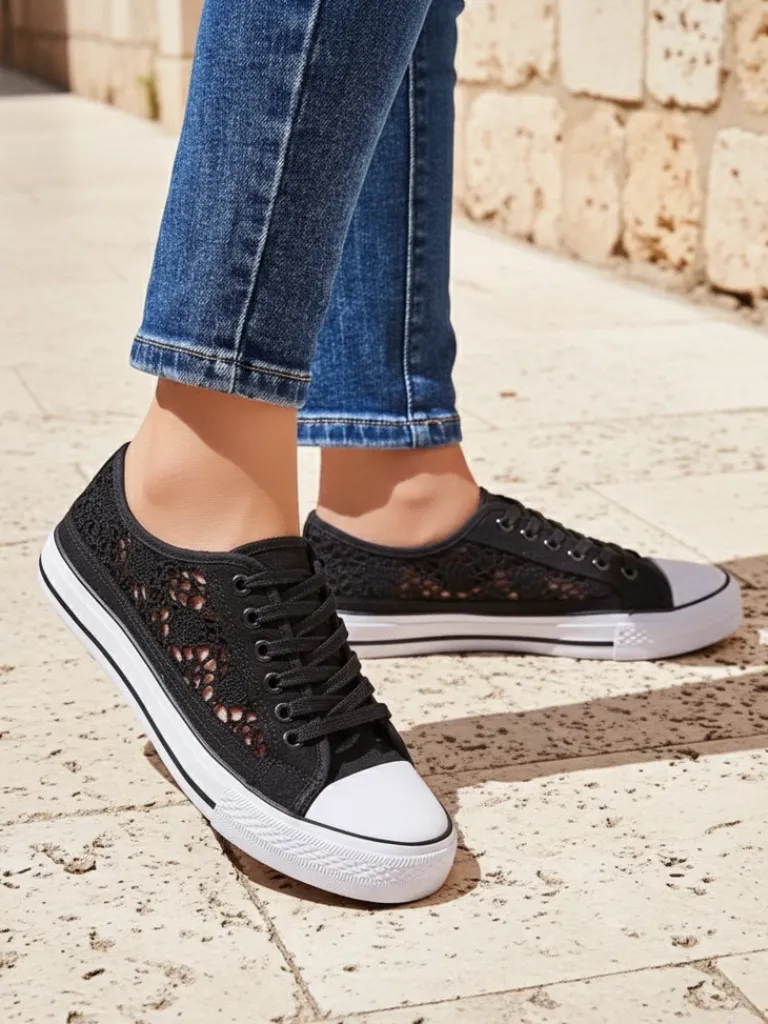 Outlet Damskie trampki Calista Nero z koronką, oddychające – kolekcja Lato/Wiosna Trampki