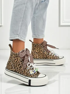 Sale Damskie trampki Leonora Leo brązowe na platformie – styl włoski, tkanina Trampki