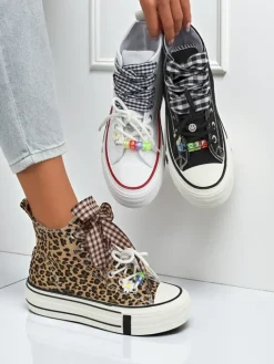 Sale Damskie trampki Leonora Leo brązowe na platformie – styl włoski, tkanina Trampki