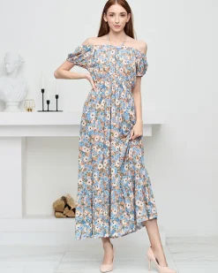 Best Długa letnia pomarańczowa sukienka damska w niebieskie kwiaty- Odzież Sukienki Letnie|Sukienki Długie