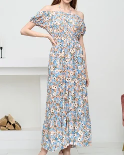 Best Długa letnia pomarańczowa sukienka damska w niebieskie kwiaty- Odzież Sukienki Letnie|Sukienki Długie