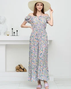 Hot Długa letnia zielona sukienka damska w fioletowe kwiaty- Odzież Sukienki Letnie|Sukienki Długie