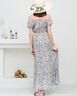 Hot Długa letnia zielona sukienka damska w fioletowe kwiaty- Odzież Sukienki Letnie|Sukienki Długie