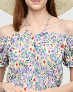 Hot Długa letnia zielona sukienka damska w fioletowe kwiaty- Odzież Sukienki Letnie|Sukienki Długie