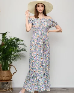 Hot Długa letnia zielona sukienka damska w fioletowe kwiaty- Odzież Sukienki Letnie|Sukienki Długie