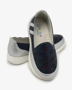 Clearance Dziewczęce srebrno - granatowe tenisówki slip on Ewesgi - Obuwie Dziewczęce