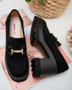 Outlet Eleganckie Sandały Vulcano w Kolorze Czarnego Zamszu Półbuty|Mokasyny Na Obcasie