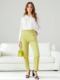 Sale Eleganckie Spodnie Złote Kaliope Jasnożółte Spodnie Materiałowe