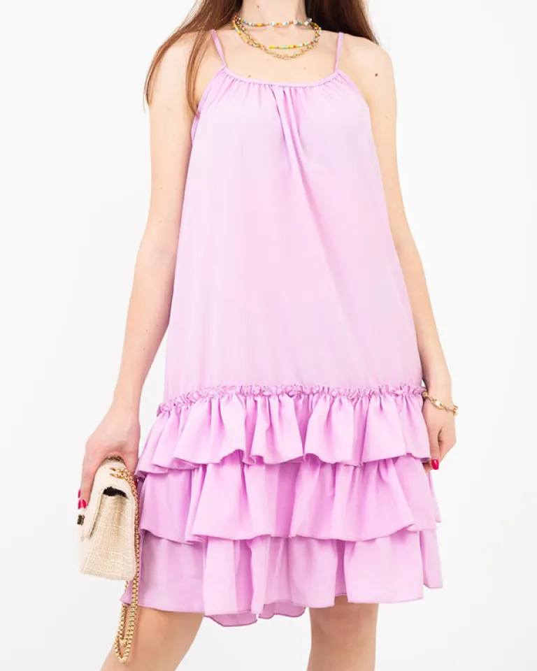 New Fioletowa damska sukienka na ramiączkach z falbankami - Odzież Sukienki Letnie|Sukienki Krótkie