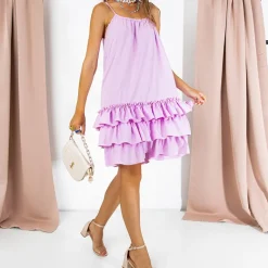 New Fioletowa damska sukienka na ramiączkach z falbankami - Odzież Sukienki Letnie|Sukienki Krótkie