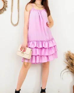 New Fioletowa damska sukienka na ramiączkach z falbankami - Odzież Sukienki Letnie|Sukienki Krótkie
