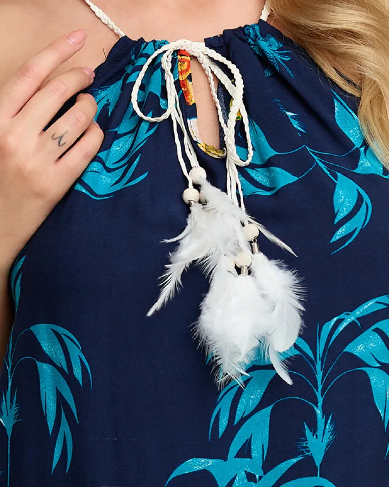 New Granatowa damska letnia sukienka z motywem roślinnym- Odzież Sukienki Letnie|Sukienki Krótkie