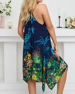 New Granatowa damska letnia sukienka z motywem roślinnym- Odzież Sukienki Letnie|Sukienki Krótkie