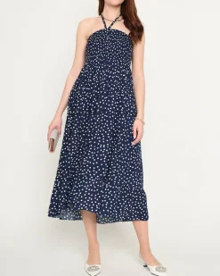 Sale Granatowa damska sukienka midi w groszki PLUS SIZE - Odzież Sukienki Letnie|Sukienki Długie