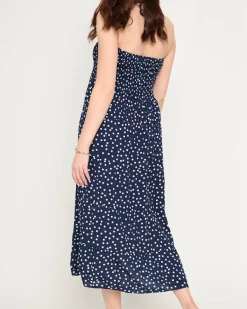 Sale Granatowa damska sukienka midi w groszki PLUS SIZE - Odzież Sukienki Letnie|Sukienki Długie