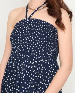 Sale Granatowa damska sukienka midi w groszki PLUS SIZE - Odzież Sukienki Letnie|Sukienki Długie